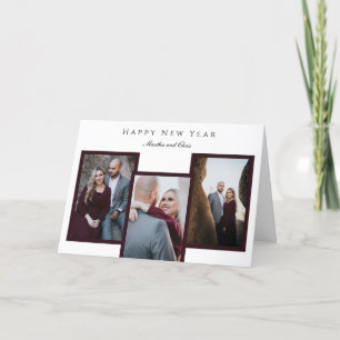Elegant Happy New Year Script 3 Photo Collage Red Holiday Card