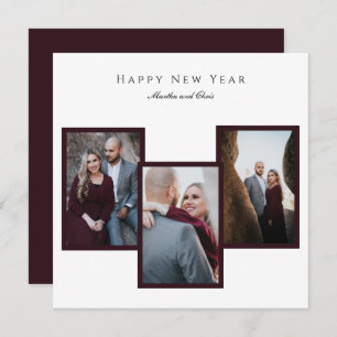 Elegant Happy New Year Script 3 Photo Collage Red Holiday Card