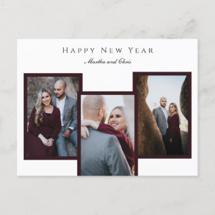 Elegant Happy New Year Script 3 Photo Collage Red Holiday Postcard