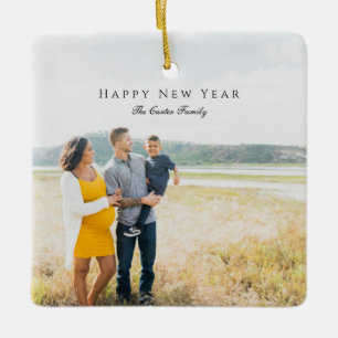 Elegant Happy New Year Script Photo Pregnancy Chic Ceramic Ornament
