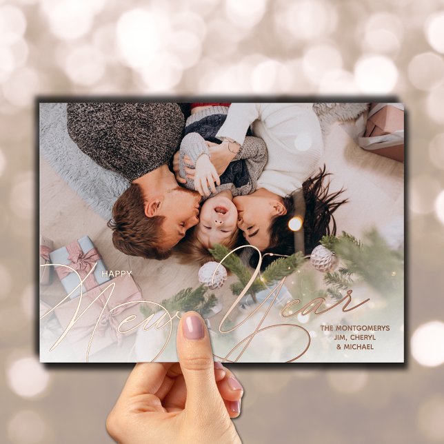 Elegant Happy New Year Script Rose Gold (Elegant Happy New Year Script Rose Gold Foil Holiday Cards)