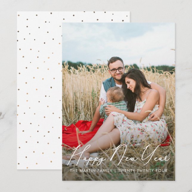 Elegant Happy New Year Script with Dots Photo Holiday Card (Front/Back)