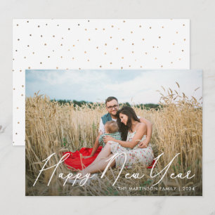 Elegant Happy New Year Script with Dots Photo Holiday Card