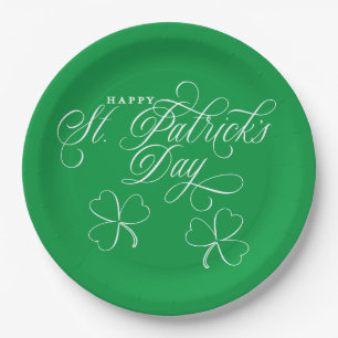 Elegant Happy St. Patricks Day script w/ shamrocks Paper Plate
