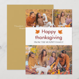 Elegant Happy Thanksgiving Autumn Leaves 3 Photo Holiday Card