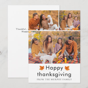 Elegant Happy Thanksgiving Autumn Leaves 3 Photo Holiday Card