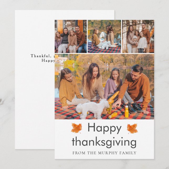 Elegant  Happy Thanksgiving Autumn Leaves 4 Photo Holiday Card (Front/Back)