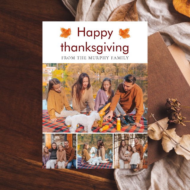 Elegant  Happy Thanksgiving Autumn Leaves 4 Photo Holiday Card (Creator Uploaded)