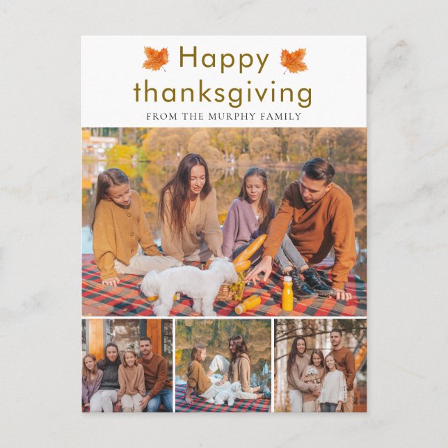 Elegant  Happy Thanksgiving Autumn Leaves 4 Photo Holiday Postcard (Front)