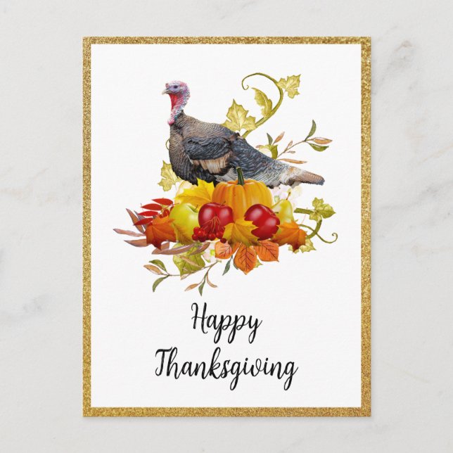 Elegant Happy Thanksgiving with Gold Glitter  Postcard (Front)