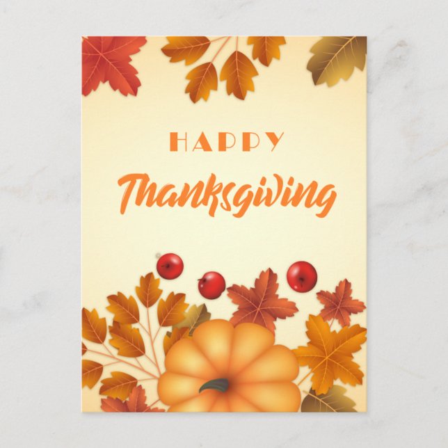 Elegant Happy Thanksgiving with Pumpkin and Leaves Holiday Postcard (Front)