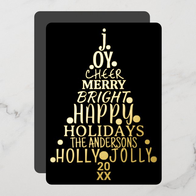 Elegant Happy Word Art Tree Christmas Black Gold (Front/Back)
