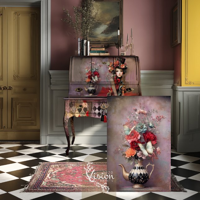 Elegant Hatter Harlequin Teapot Floral Tissue Paper (Decoupage sheet leaning against vintage secretary desk on checkerboard floor with pink Persian rug)