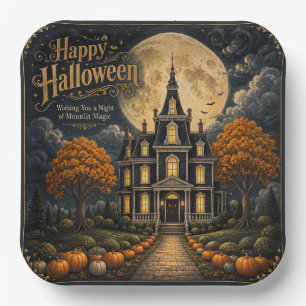 Elegant Haunted Manor Halloween Paper Plate