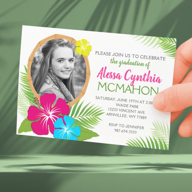 Elegant Hawaiian Luau Graduation Photo Invitation (Tropical Luau 1 Photo Graduation Invitations. Class Year on Back)