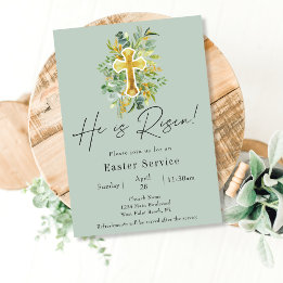 Elegant He is Risen Green Church Easter Service Invitation