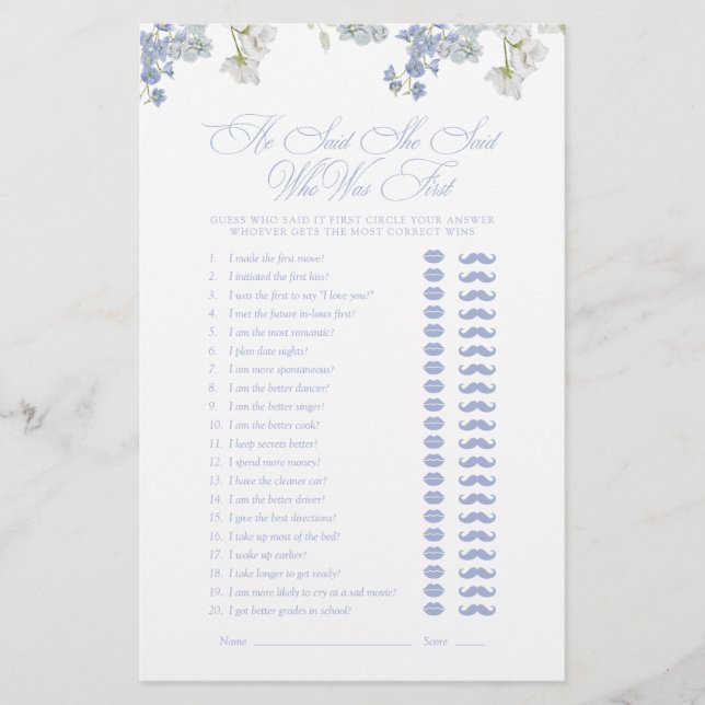 Elegant He Said She Said Blue Script Shower Game (Front)