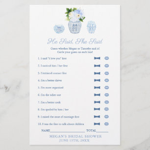 Elegant He Said She Said Bridal Shower Game Card