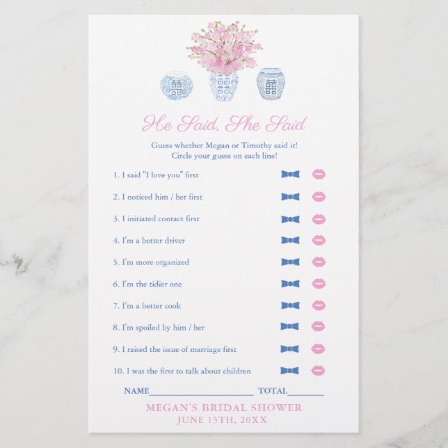 Elegant He Said She Said Wedding Shower Game Card (Front)