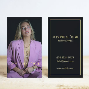 Elegant Headshot Photo Vertical Black & Gold Font Business Card