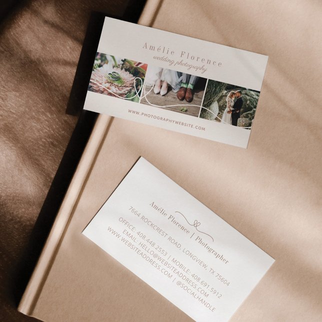 Elegant Heart 3 Photo Collage Wedding Photographer Business Card (Creator Uploaded)