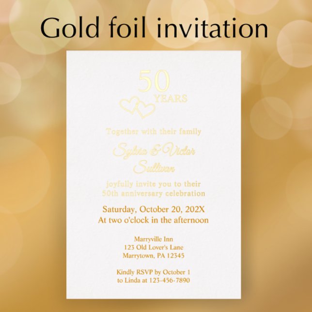 Elegant Heart 50th Wedding Anniversary Party Gold (Personalize this simple elegant gold foil heart 50th wedding anniversary party invitation template.
)