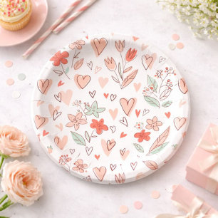Elegant Heart and Flower Paper Plate