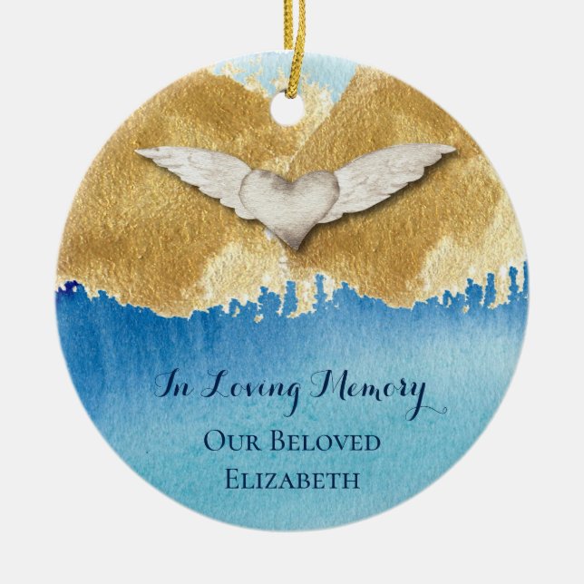Elegant Heart Angel Wings Loving Memory Monogram Ceramic Tree Decoration (Front)
