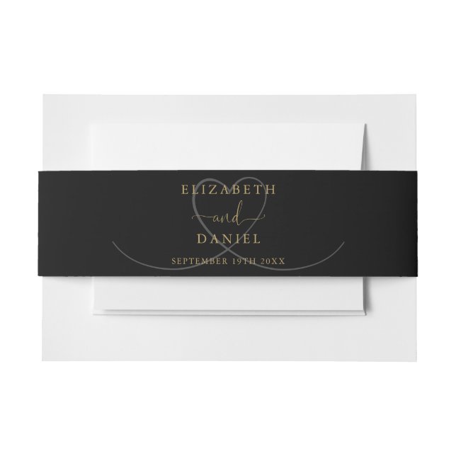 Elegant Heart Black And Gold Wedding Invitation Belly Band (Front Example)