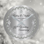 Elegant Heart Diamonds 10th Wedding Anniversary Round Clock<br><div class="desc">Opulent elegance frames this 10th wedding anniversary design in a unique scalloped diamond design with centre teardrop diamond with faux added sparkles on a tin coloured gradient. Original design by Holiday Hearts Designs (rights reserved). Please note that all embellishments are printed and are only made to appear as real as...</div>