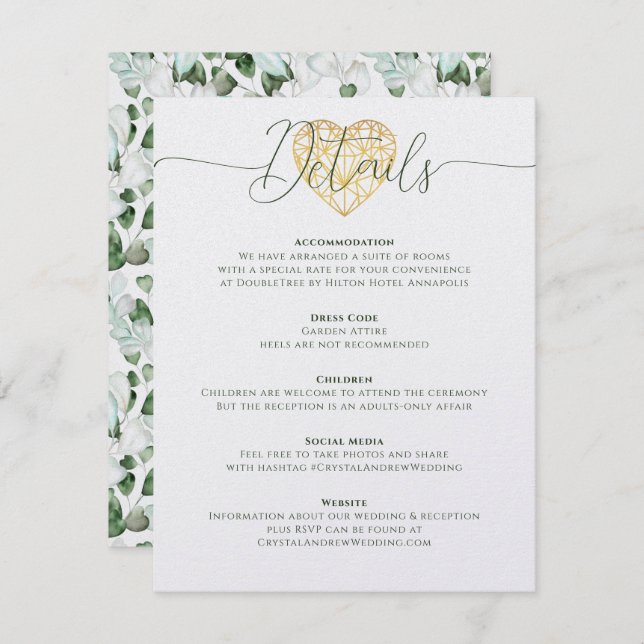 Elegant Heart Eucalyptus Foliage Wedding Details Invitation (Front/Back)