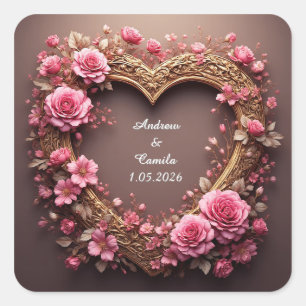 Elegant Heart Frame Decorated With Pink Roses Square Sticker