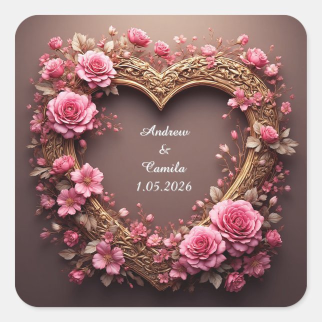 Elegant Heart Frame Decorated With Pink Roses Square Sticker (Front)