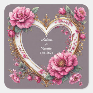 Elegant Heart Frame Decorated With Pink Roses Square Sticker
