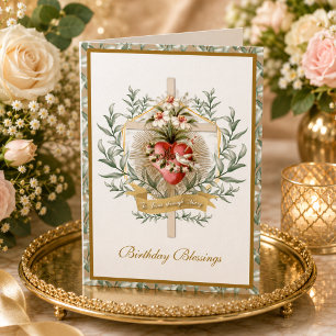 Elegant Heart of Virgin Mary Cross Floral Card