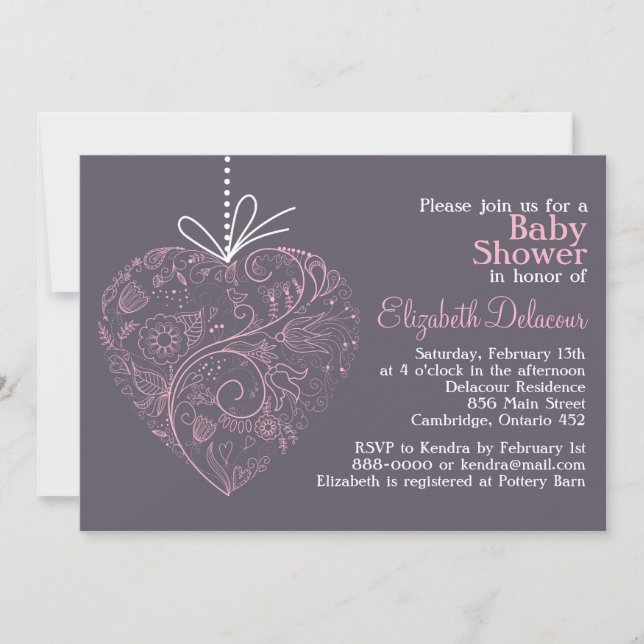 Elegant Heart Ornament Purple Baby Shower Invitation (Front)