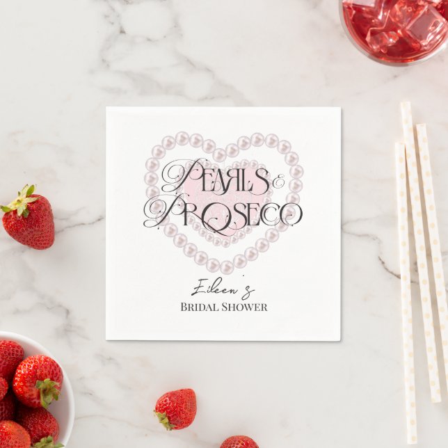 Elegant Heart Pearls Prosecco Bubbly Bridal Shower Napkin (Insitu)