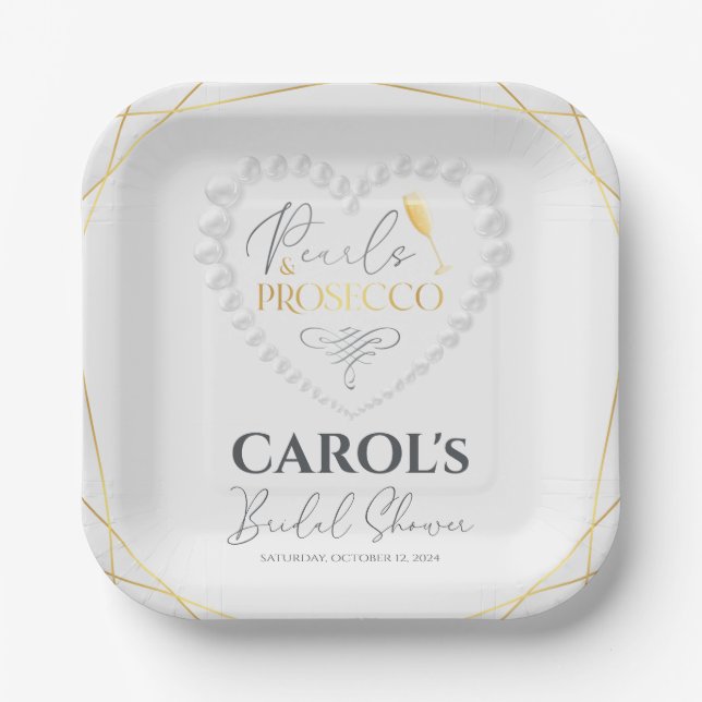 Elegant Heart Pearls & Prosecco Gold Bridal Shower Paper Plate (Front)