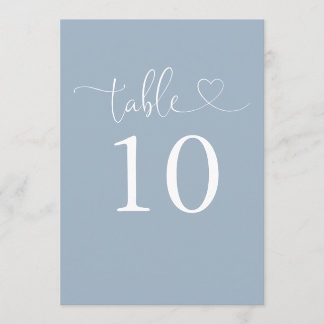 Elegant Heart Script Dusty Blue Table Number (Front)