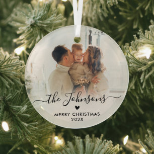 Elegant Heart Script Family Photo Merry Christmas Glass Tree Decoration