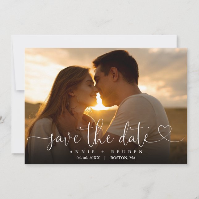 Elegant Heart Script Photo Wedding QR Code Save The Date (Front)