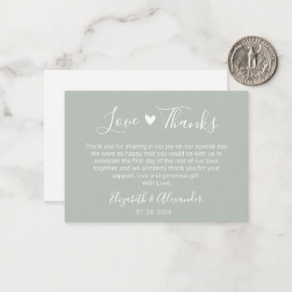 Elegant Heart Script Sage Green Wedding Thank You Card