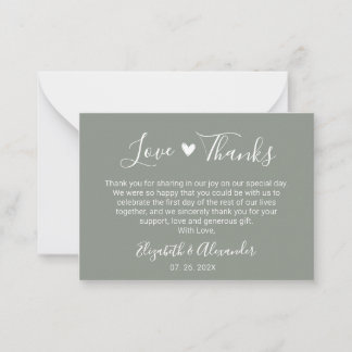 Elegant Heart Script Sage Green Wedding Thank You Card