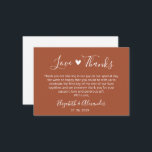 Elegant Heart Script Terracotta Wedding Thank You Card<br><div class="desc">Boho Terracotta “Love and Thanks” Small Wedding Thank You Note Card. This stylish small wedding thank you note card features the phrase “Love and Thanks” in an elegant hand-lettered script with a sweet heart doodle, set on a warm earthy terracotta background. The modern calligraphy design and burnt orange tones make...</div>
