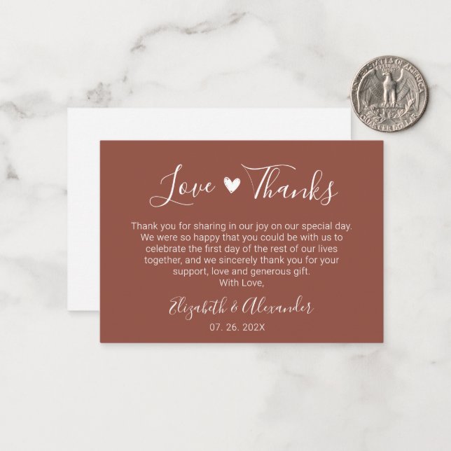 Elegant Heart Script Terracotta Wedding Thank You Card (Front/Back In Situ)