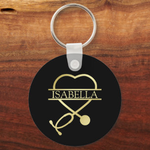 Elegant Heart Stethoscope Black Gold Add Name Key Ring