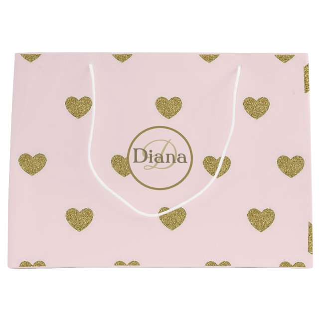 Elegant hearts Blush Pink Monogram Name Large Gift Bag (Front)