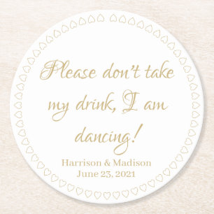 Elegant hearts custom gold text names date wedding round paper coaster