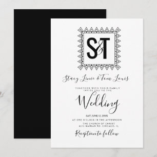 Elegant Hearts & Frame Black White Wedding Invitation