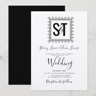 Elegant Hearts & Frame Black White Wedding kraft Invitation